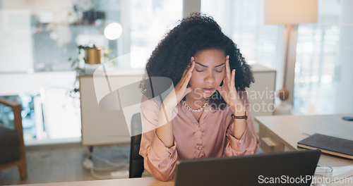 Image of Laptop, business and black woman stress, tired or headache in office fatigue, anxiety or depression. Sad, depressed and mental health risk of digital, online worker or employee burnout and crisis