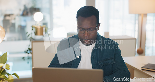Image of Thinking, data analysis or business black man with computer for company growth, social network or marketing SEO target review. Innovation, startup or manager with tech for social media analytics targ