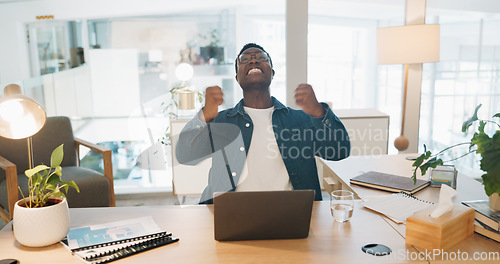 Image of Success, laptop and winner with business black man in office for deal, growth or stock market target. Wow, goals and good news with fist of employee for achievement, future or sale on trading idea