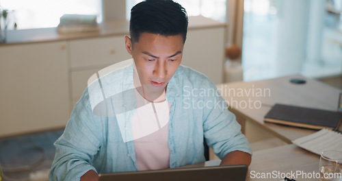 Image of Thinking, data analysis or business asian man with computer for company growth, social network or marketing SEO target review. Innovation, startup or manager with tech for social media analytics targ