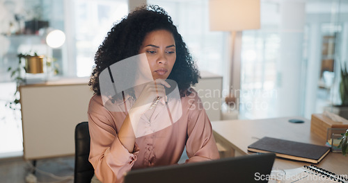 Image of Thinking, data analysis or business woman with computer for company growth, social network or marketing SEO target review. Innovation, startup or manager with tech for social media analytics target