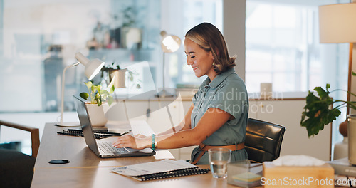 Image of Thinking, data analysis or happy business woman with computer for company growth, social network or marketing SEO target review. Innovation, startup or manager with tech for social media analytics ta