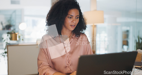 Image of Thinking, data analysis or business black woman with computer for company growth, social network or marketing SEO target review. Innovation, startup or manager with tech for social media analytics ta