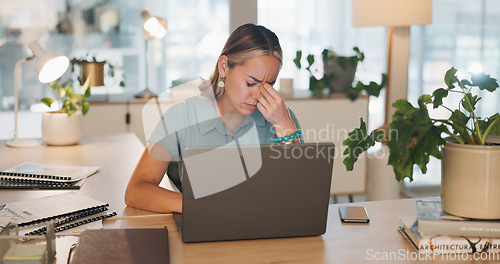 Image of Tired, headache and call center woman tired, fatigue or depression problem in telemarketing sales career. Mental health risk, sad or depressed consultant, financial advisor or telecom agent worker