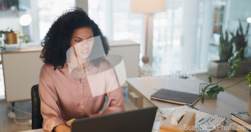 Image of Laptop, business and black woman stress, tired or headache in office fatigue, anxiety or depression. Sad, depressed and mental health risk of digital, online worker or employee burnout and crisis