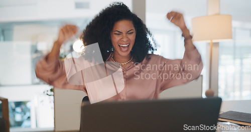 Image of Celebration, happy and business woman in the office reading good news for job promotion on her laptop. Winner, happiness and professional female employee celebrate success in the workplace in Mexico.