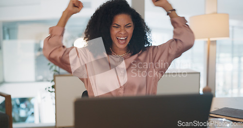 Image of Celebration, happy and business woman in the office reading good news for job promotion on her laptop. Winner, happiness and professional female employee celebrate success in the workplace in Mexico.