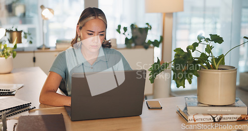Image of Thinking, data analysis or business woman with computer for company growth, social network or marketing SEO target review. Innovation, startup or manager with tech for social media analytics target