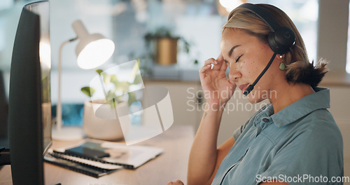 Image of Tired, headache and call center woman tired, fatigue or depression problem in telemarketing sales career. Mental health risk, sad or depressed consultant, financial advisor or telecom agent worker