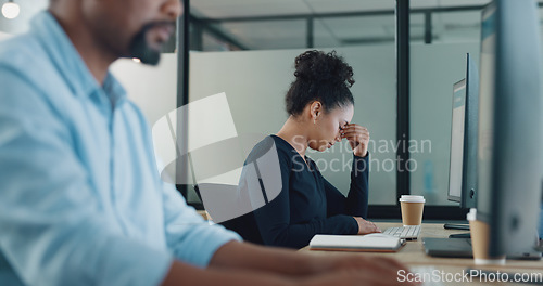 Image of Stress, headache and business woman with burnout from online work, sad email and frustrated on a computer. Glitch, anxiety and employee tired of professional mistake, website and fatigue on a pc