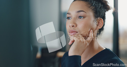 Image of Call center, customer service and woman in office thinking while consulting. Telemarketing, customer support and female consultant, sales agent or employee reading on computer and working on ideas.