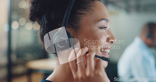 Image of Call center, customer service and woman in office thinking while consulting. Telemarketing, customer support and female consultant, sales agent or employee reading on computer and working on ideas.a