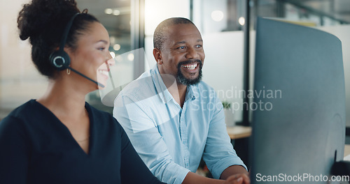 Image of Call center, black man and training woman, telemarketing intern and crm customer service consultant on computer software in office agency. Business people, sales mentor and coaching for tech solution