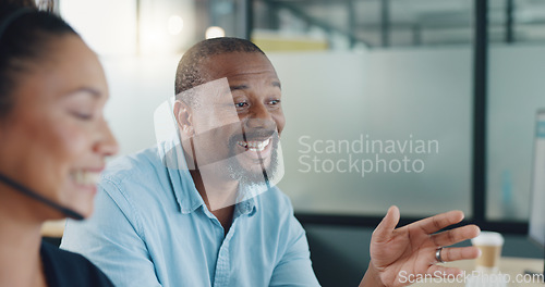 Image of Call center, black man and training woman, telemarketing intern and crm customer service consultant on computer software in office agency. Business people, sales mentor and coaching for tech solution