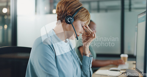 Image of Business, call center and woman with stress, headache and customer support. Female agent, lady and consultant speaking, telemarketing and help with mental health, anxiety and consulting for ecommerce