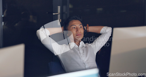 Image of Relax, office and Asian businessman on computer done with project, business proposal and online documents . Corporate workplace, success and male employee on break, resting and calm from working