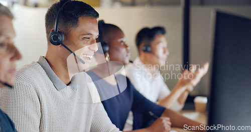 Image of Call center, business man and team communication, global office and telemarketing diversity. Telecom, technical support or virtual help desk agent, consultant or ecommerce worker smile on computer