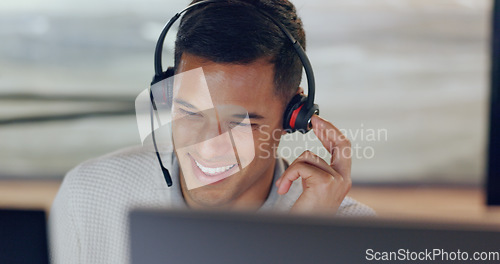 Image of Telemarketing, overtime and crm, man in customer service talking with headset. Late night work, call center agent or sales consultant with smile with advisory support, help and consulting in office.