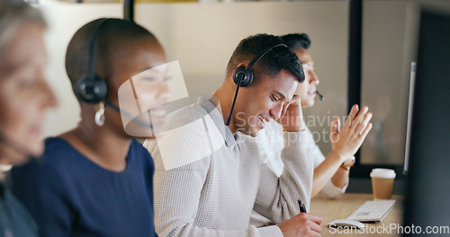 Image of Call center, business man and team communication, global office and telemarketing diversity. Telecom, technical support or virtual help desk agent, consultant or ecommerce worker smile on computer