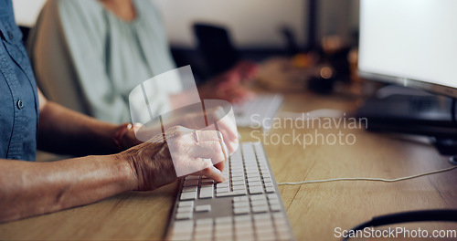 Image of Computer keyboard, night and hands of woman typing feedback review of financial portfolio, investment or stock market. Economy, online and crypto trader research forex, bitcoin mining or nft trading