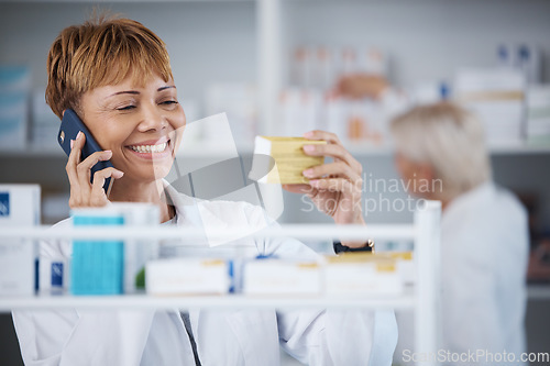 Image of Consulting, conversation and pharmacist on a phone call about medicine information or ingredients. Medical, talking and mature female doctor speaking about pills, advice and prescription on a mobile