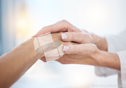 Image of Hope, woman or nurse holding hands in hospital consulting for medical test news or results for sympathy support. Empathy, trust or zoom of doctor in healthcare clinic nursing or helping sick patient