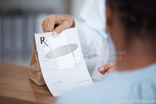 Image of Medicine, healthcare and woman with a prescription from doctor for medication and instructions. Medical, reading and pharmacist giving a patient a paper with information on pills and antibiotics