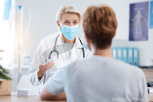 Image of Medical, covid and consulting with doctor and woman for advice, treatment and results diagnosis. Healthcare, medicine and discussion with patient and expert for examination, treatment and outbreak