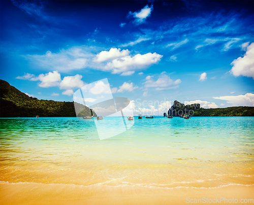 Image of Long tail boats in bay. Thailand