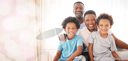 Image of Portrait, love and black family with quality time, happiness and loving together with joy, bonding and relax. Face, parents and children with smile, mother and father with kids, break and cheerful
