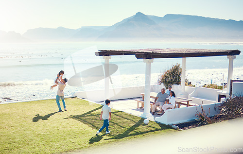 Image of Big family, summer relax and vacation by beach, having fun or bonding together mockup. Ocean travel, children and care of happy grandparents, mother and father playing with girl and enjoying holiday.