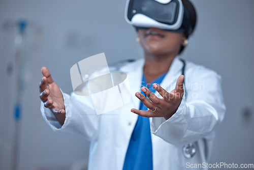 Image of VR, woman hands and medical doctor in metaverse, innovation and digital analysis. Healthcare, virtual reality and touch technology of future medicine, cyber consulting or futuristic hospital research