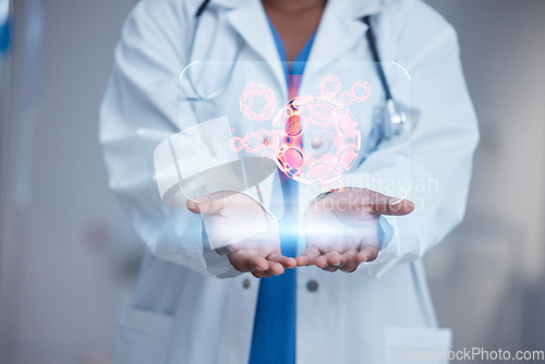 Image of Doctor, hands and hologram of virus, medical dna evolution and digital science research. Healthcare, bacteria and holographic cells of medicine, growth particles and molecules of genetics innovation