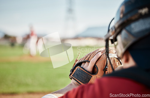 Image of Baseball, mockup and catch with a sports man on a field during a game for competition during summer. Fitness, training and mock up with a male athlete playing a match for sport or at practice