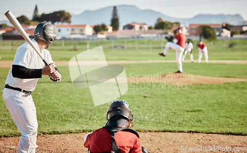 Image of Baseball, bat and mockup with a sports man outdoor, playing a competitive game during summer. Fitness, health and exercise with a male athlete or player training on a field for sport or recreation