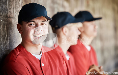Image of Happy baseball player portrait, bench or sports man on field at competition, training match on a stadium pitch. Softball workout exercise, face or players playing a game in team dugout in summer