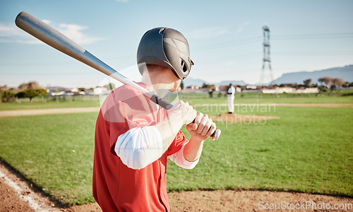 Image of Baseball, bat and field with a sports man outdoor, playing a competitive game during summer. Fitness, health and exercise with a male athlete or player training on a pitch for sport or recreation