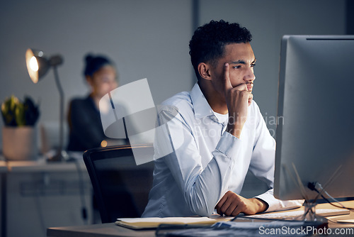 Image of Computer, night or business man thinking of financial crypto plan, bitcoin mining data or NFT investment. Fintech system, forex trading platform and contemplating broker focus on problem solving idea