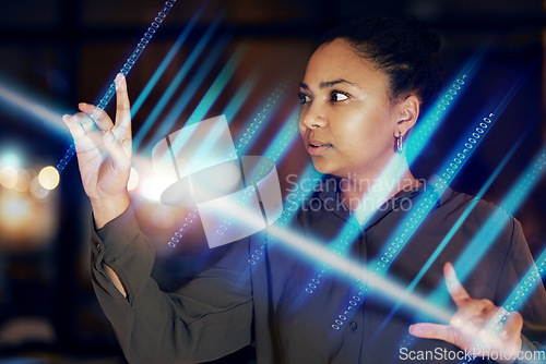 Image of Black woman, hands and digital hologram at night for future technology or cyberspace at office. African American female touching virtual, futuristic or holographic 3D dashboard working late in tech