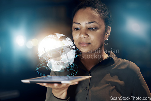 Image of Tablet hologram, global network or black woman with world data analysis, worldwide earth communication or globe networking. Cloud computing ai network, holographic planet ui or future person at night