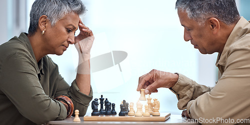 Image of Strategy, moving and thinking with old couple and chess for bonding, competition and mental exercise. Relax, problem solving and smart with man and woman at home for board games, checkmate or contest