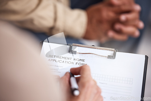 Image of Retirement home, form application and woman hand writing resident information at meeting. Senior clinic contract, documents and health care paperwork for elderly housing and assistant living facility