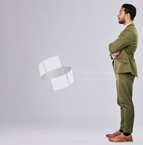 Image of Thinking, mockup and business man with arms crossed in studio isolated on a gray background. Idea, decision and confident male entrepreneur, ceo or boss contemplating with marketing or copy space.