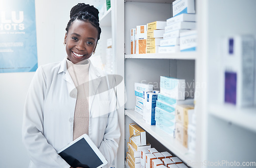 Image of Pharmacy portrait, product shelf or black woman with stock take in retail drugs store or healthcare shop. Pharmaceutical clinic, supplement pills inventory or medical pharmacist with tablet checklist