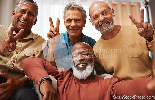 Image of Peace, happy and portrait of men with a selfie, bonding and memory during retirement. Party, smile and elderly friends with a hand sign for happiness, quality time and photo at home together