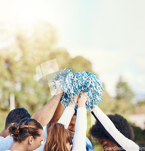 Image of Cheerleader, sports motivation or people cheerleading in huddle with support, hope or faith on field in game. Team spirit, fitness or group of cheerleaders with pride, goals or solidarity together