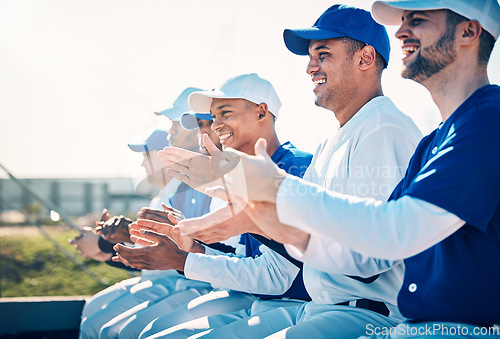 Image of Baseball, sports celebration and team applause for game victory, winning match and competition on field. Motivation, teamwork and happy men clapping hands, cheering and celebrate tournament success