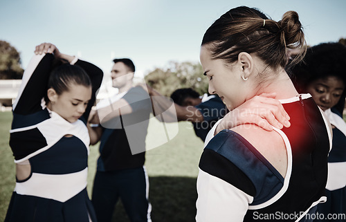 Image of Cheerleader, sports or woman with shoulder pain, injury or accident on field in game or training match. Red glow, fitness or cheerleading girl athlete with a medical emergency, joint or muscle sprain