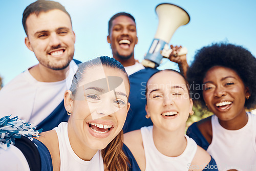 Image of Cheerleader selfie, sports portrait or happy people cheerleading with support, hope or faith in game. Team spirit, fitness or group of excited cheerleaders with pride, goals or solidarity together