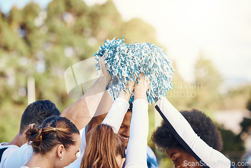 Image of Cheerleaders, sports motivation or people in huddle with support, hope or faith on field in game together. Team spirit, fitness or group of cheerleading young athlete with pride, goals or solidarity